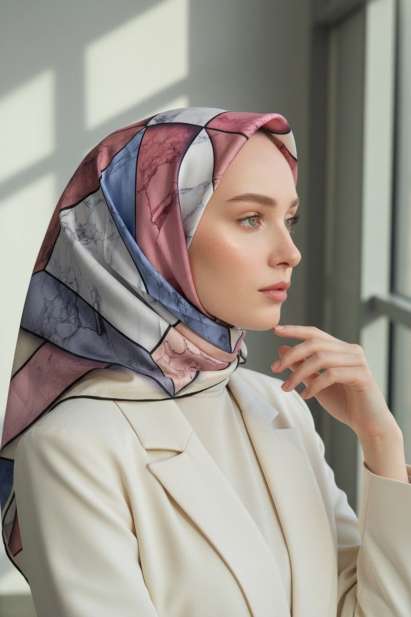 %100 Twill İpek Mermer Desenli Pudra - Bebe Mavisi Renkli 90x90 Eşarp Dikim Şekli : El Dikişi