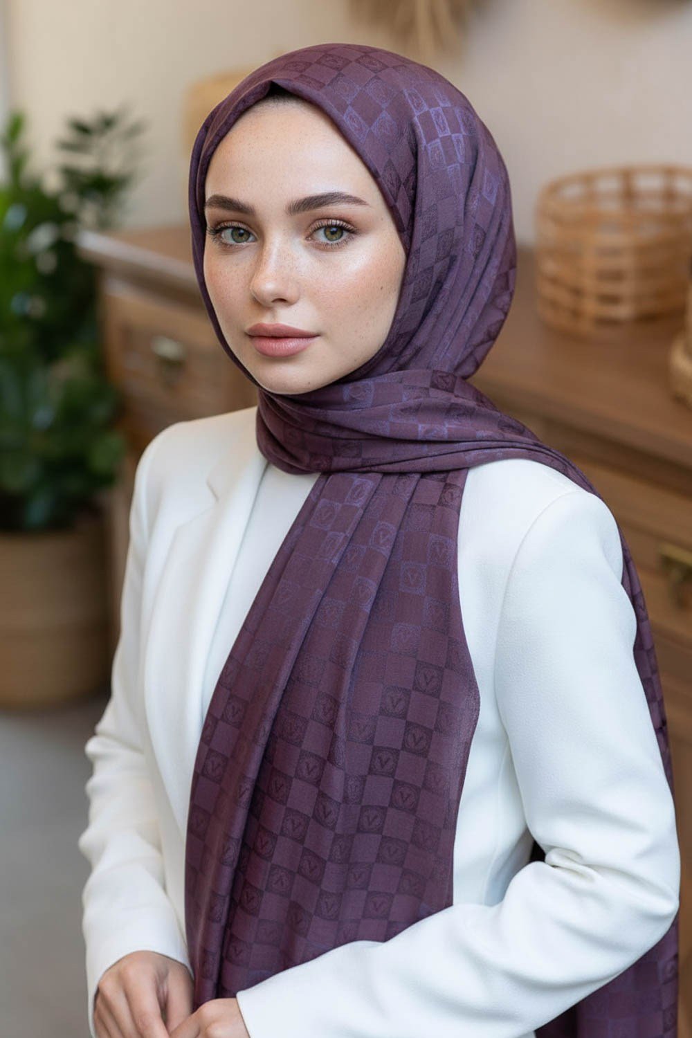 Vissona %57 İPEK %43 PAMUK Monogram Desenli Mürdüm Renkli Şal -  70x190 Dikiş Tipi İtalyan Dikişli