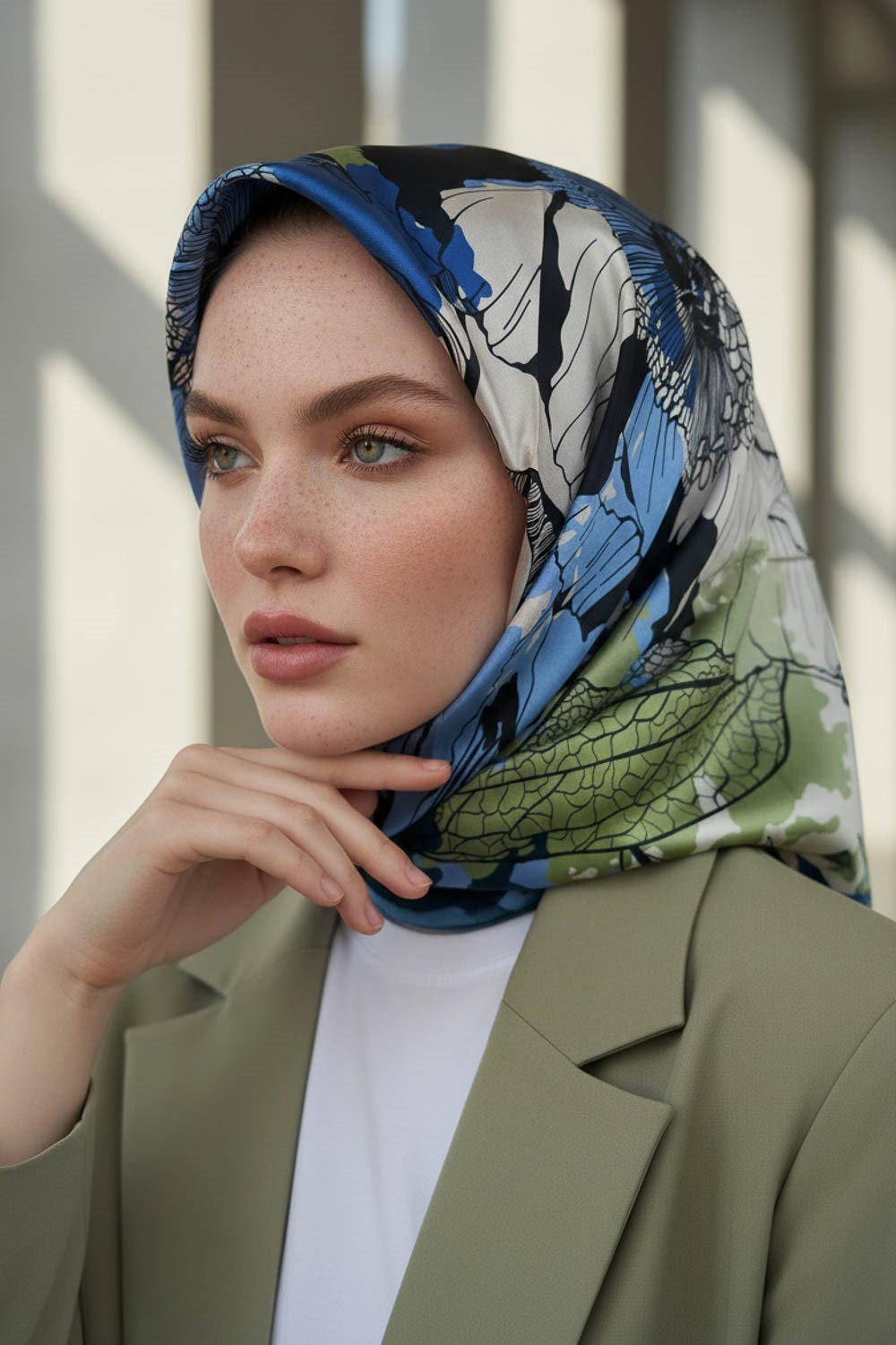 %100 Twill İpek Yaprak Desenli Lacivert - Haki Renkli 90x90 Eşarp Dikim Şekli : El Dikişi