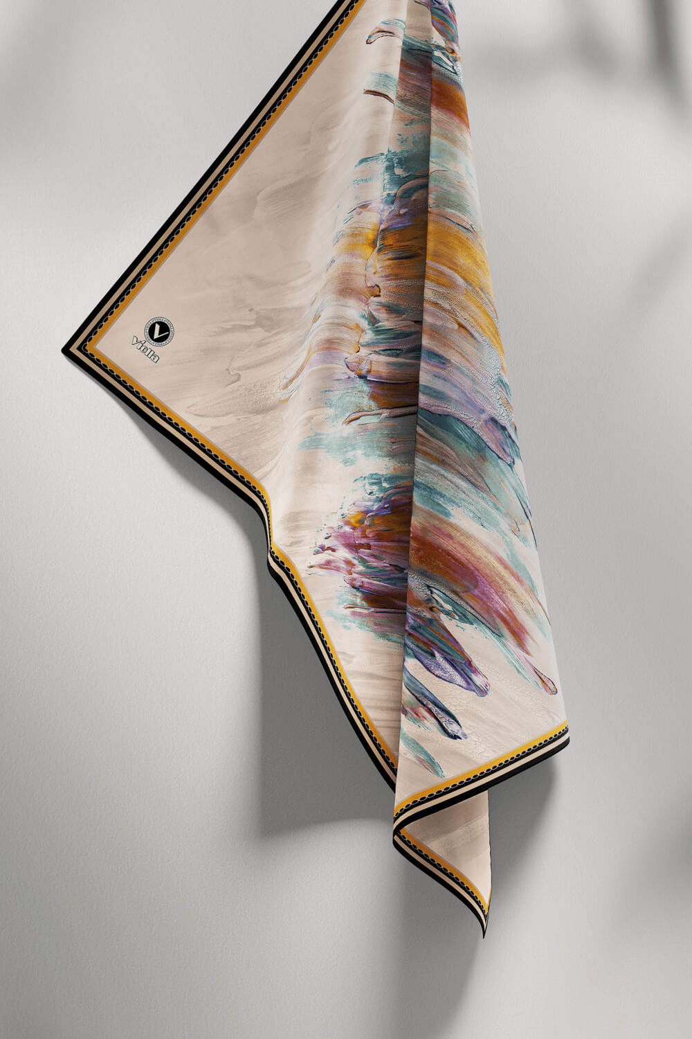 Twill Fırça Darbesi Desenli Hardal Renkli 90x90 Eşarp (İpek İçermez) Dikim Şekli : El Dikişi