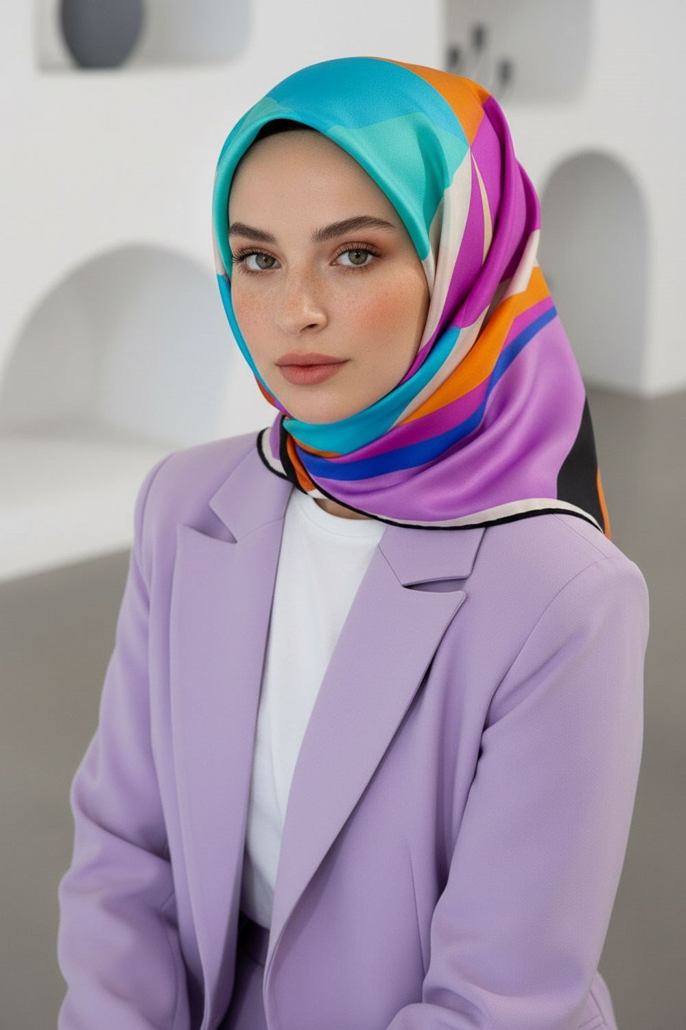 %100 Twill İpek Geometrik Desenli Fuşya - Turuncu Renkli 90x90 Eşarp Dikim Şekli : El Dikişi