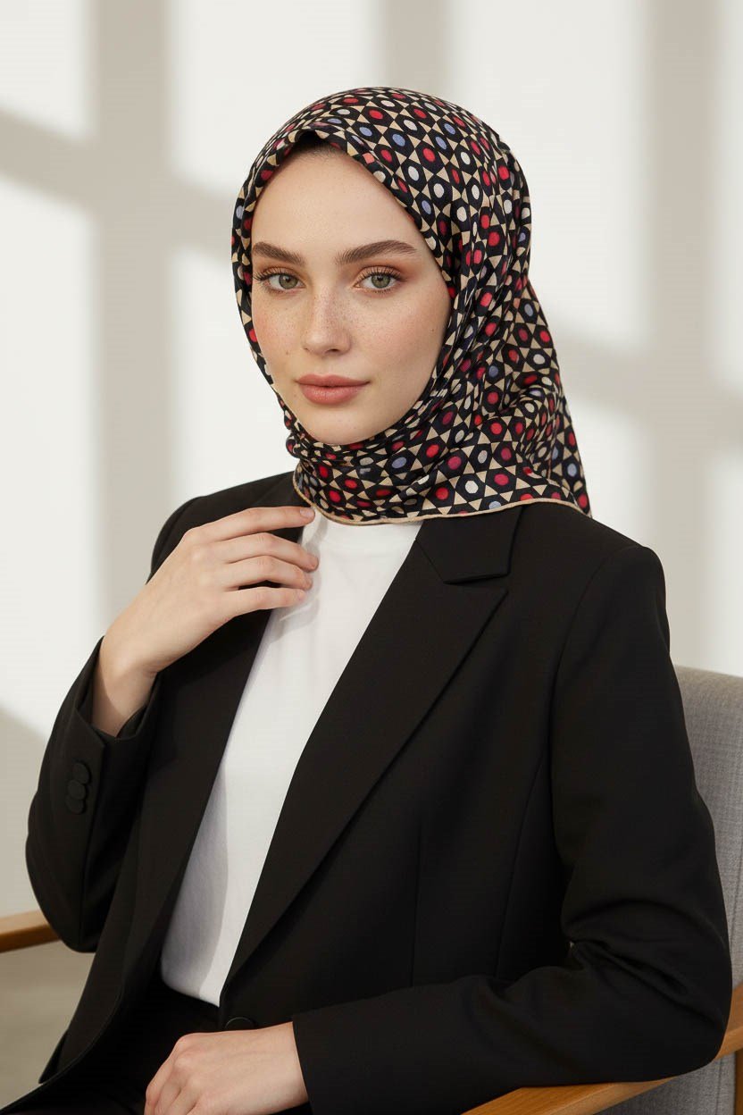 %100 Twill İpek Nokta Desenli Siyah - Bej Renkli 90x90 Eşarp Dikim Şekli : El Dikişi