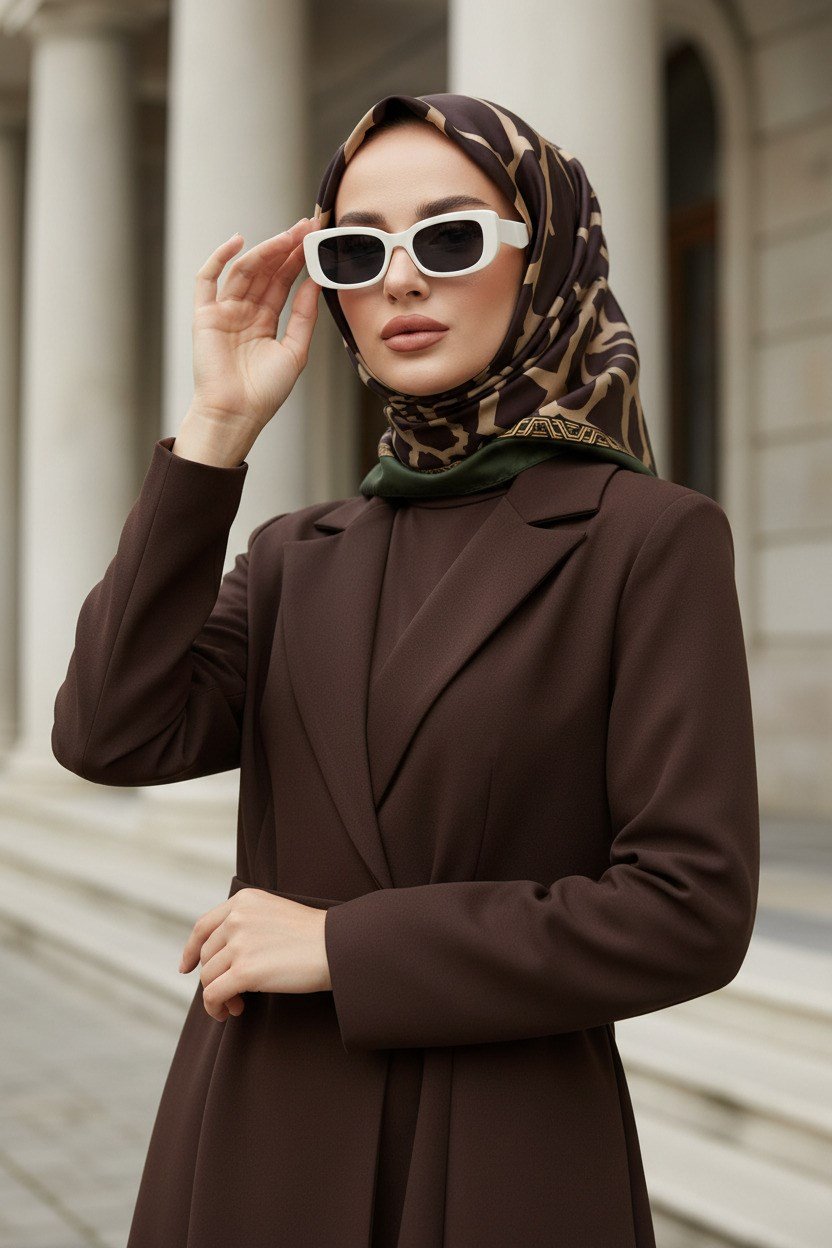 %100 Twill Taş Desenli Bej - Haki Renkli 90x90 Eşarp Dikim Şekli: El Dikişi