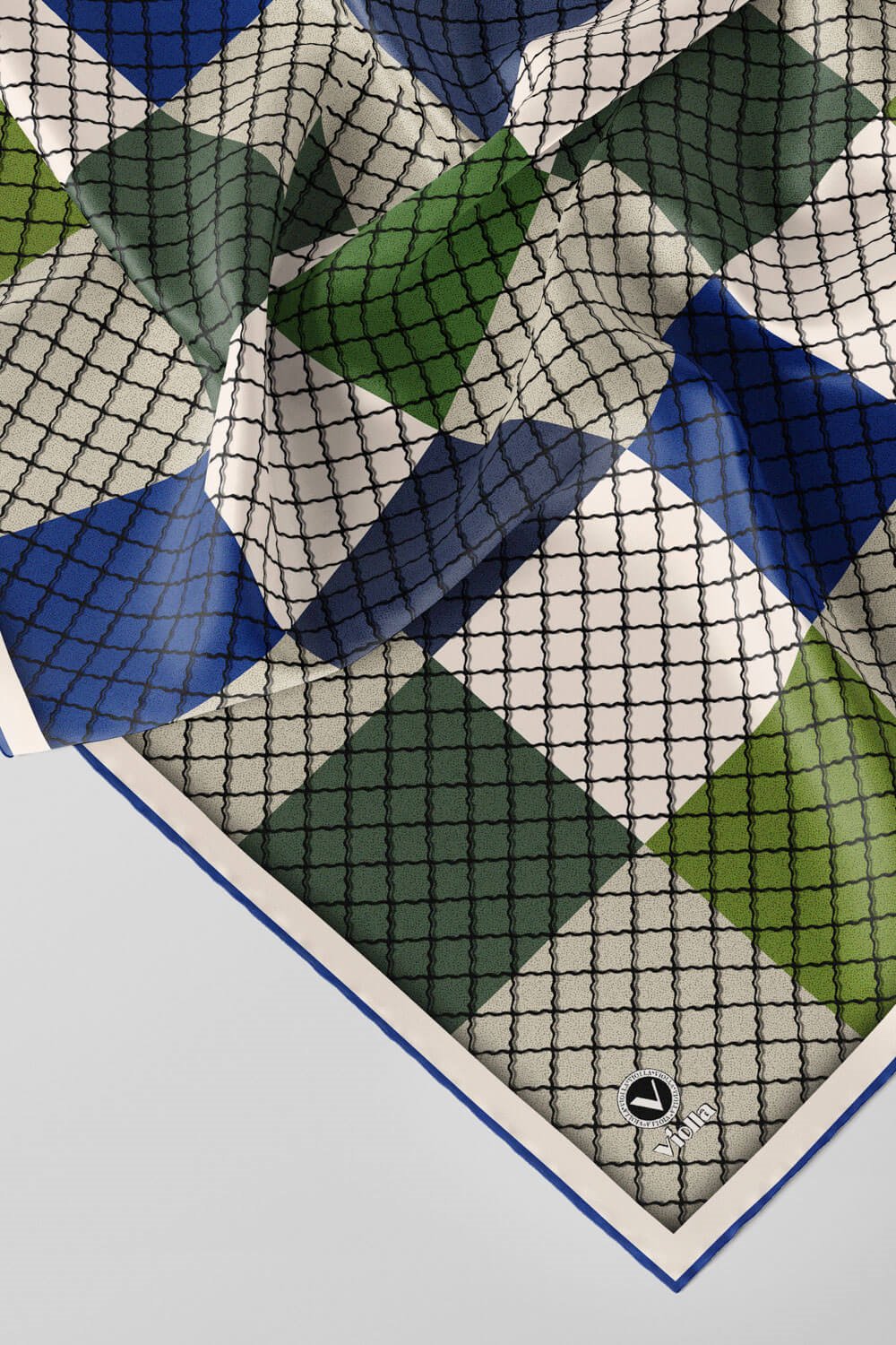 Twill Kare Desenli Saks Renkli 90x90 Eşarp (İpek İçermez) Kenar Dikiş Şekli El Dikişli