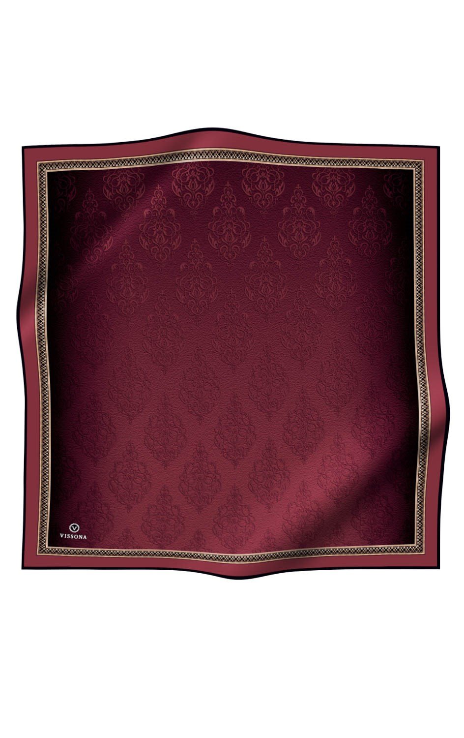 % 57 İPEK % 43 VİSKON Twill Barok Desenli Bordo Renkli 90x90 Eşarp Dikim Şekli: El Dikişi