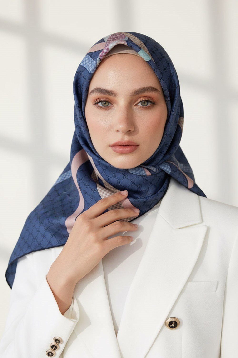 %100 Twill İpek Monogram Ve Şerit Desenli İndigo - Pudra Renkli 90x90 Eşarp Dikim Şekli : El Dikişi