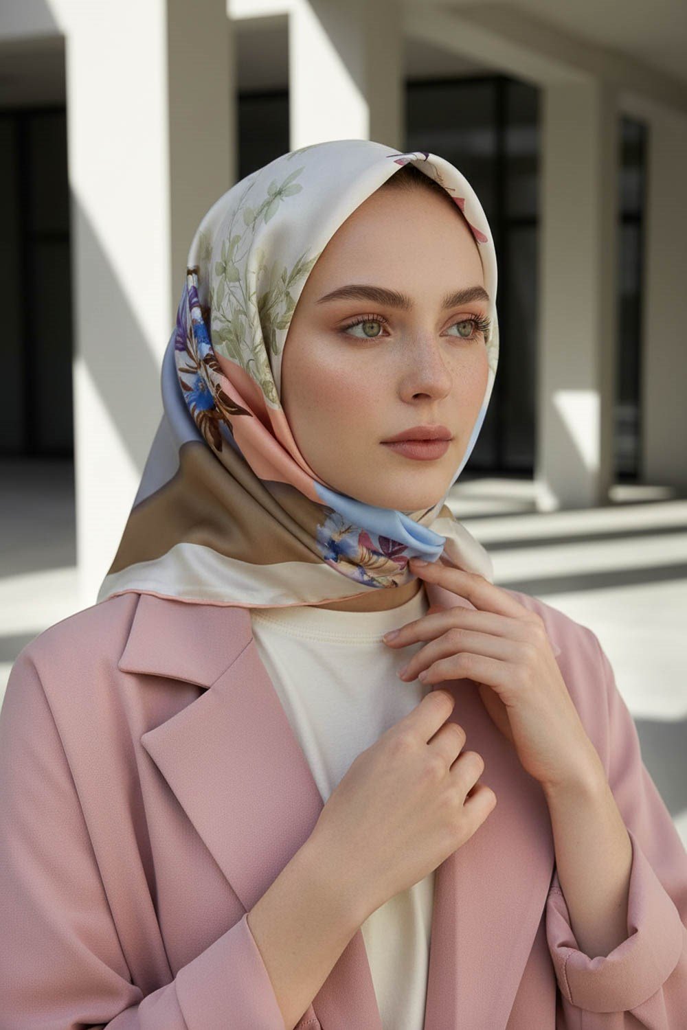 %100 Twill İpek Kareli Ve Çıtır Çiçek Desenli Pudra - Bebe Mavisi Renkli 90x90 Eşarp Dikim Şekli : El Dikişi