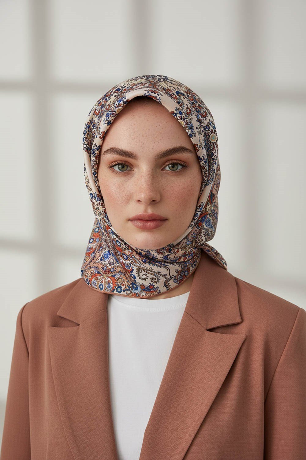 %100 Twill İpek Şal Desenli Bakır Renkli 90x90 Eşarp Dikim Şekli : El Dikişi