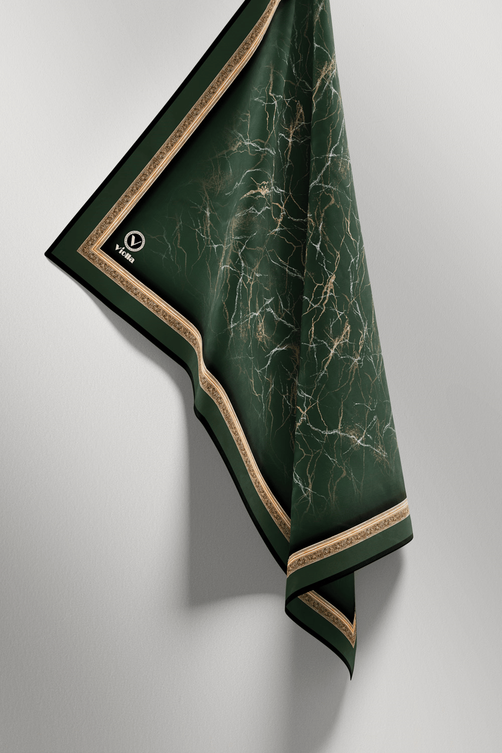 Twill Barok Çerçeveli Mermer Desenli Petrol Yeşili Renkli 90x90 Eşarp (İpek İçermez) Kenar Dikiş Şekli El Dikişli