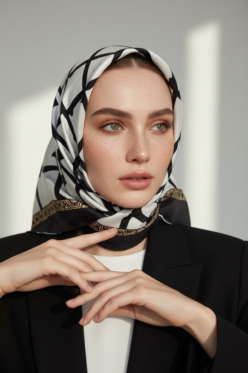 %100 Twill Taş Desenli Krem - Siyah Renkli 90x90 Eşarp Dikim Şekli: El Dikişi