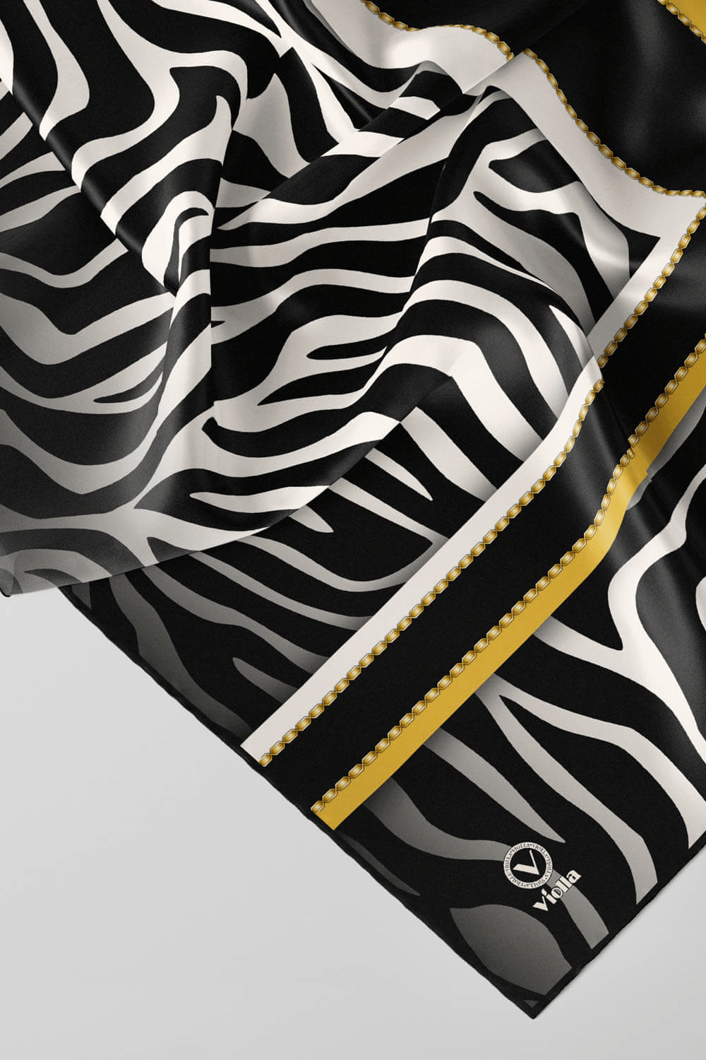 Twill Zebra Desenli Siyah - Sarı Renkli 90x90 Eşarp (İpek İçermez) Dikim Şekli : El Dikişi