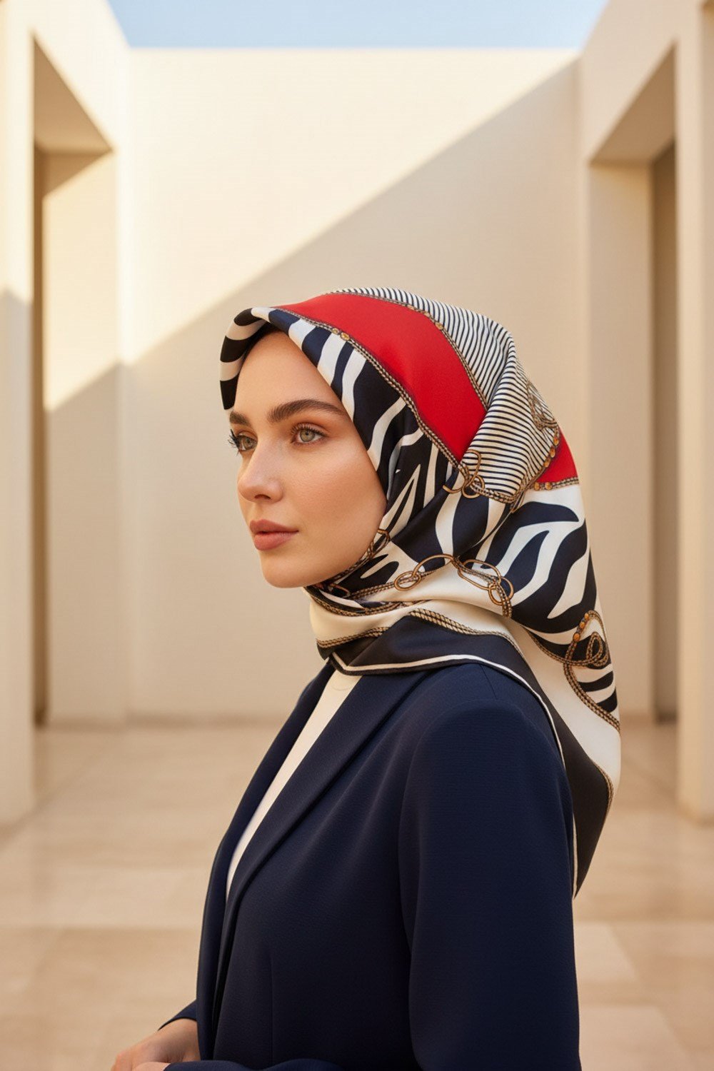%100 Twill İpek Zincirli Ve Zebra Desenli Lacivert - Kırmızı Renkli 90x90 Eşarp Dikim Şekli : El Dikişi