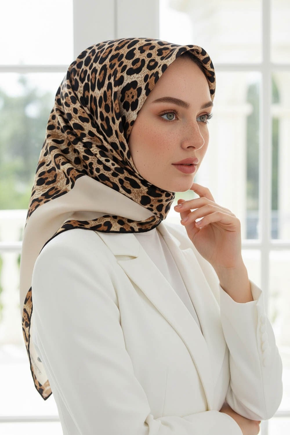 %100 Twill İpek Leopar Desenli Krem Renkli 90x90 Eşarp Dikim Şekli : El Dikişi