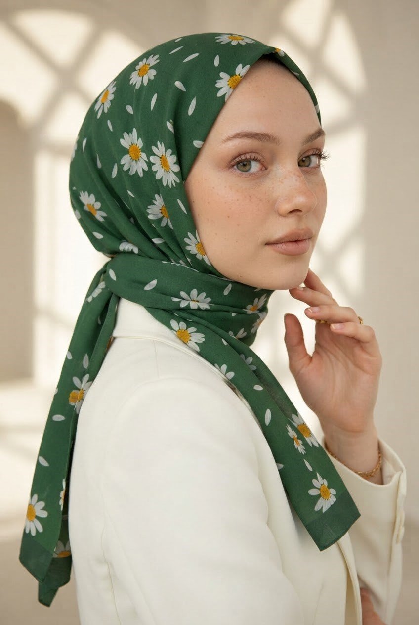 KREP PAPATYA DESENLİ ZÜMRÜT YEŞİLİ RENKLİ 75X195 KIRIŞMAZ ŞAL