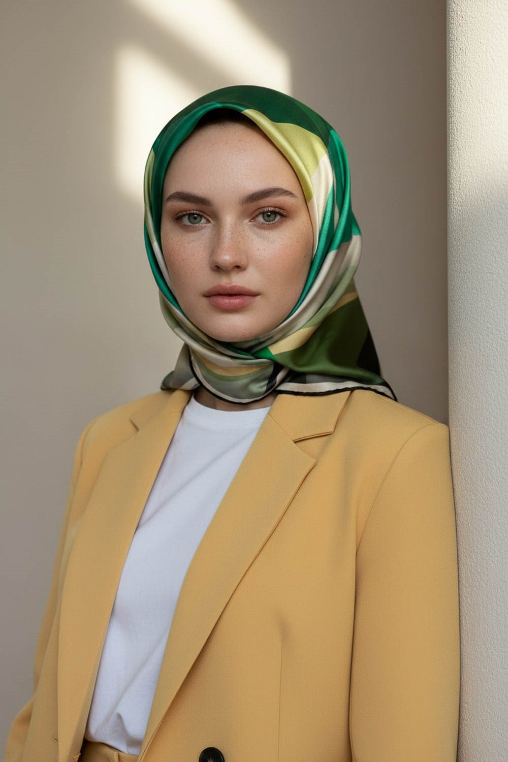%100 Twill İpek Geometrik Desenli Zümrüt Yeşili Renkli 90x90 Eşarp Dikim Şekli : El Dikişi