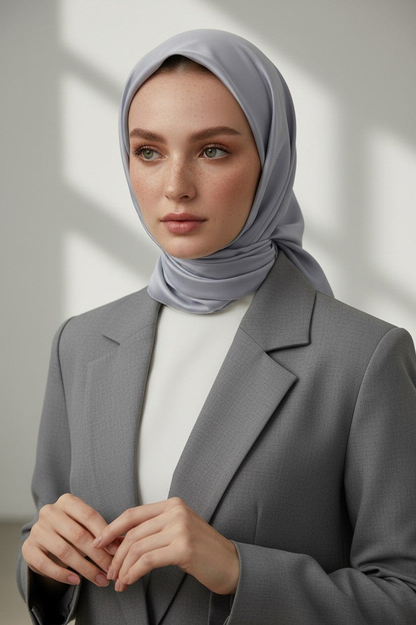 Viskon Twill İpek Az Hatalı Açık Gri  Renkli 90x90 Düz Eşarp Dikim Şekli : El Dikişi