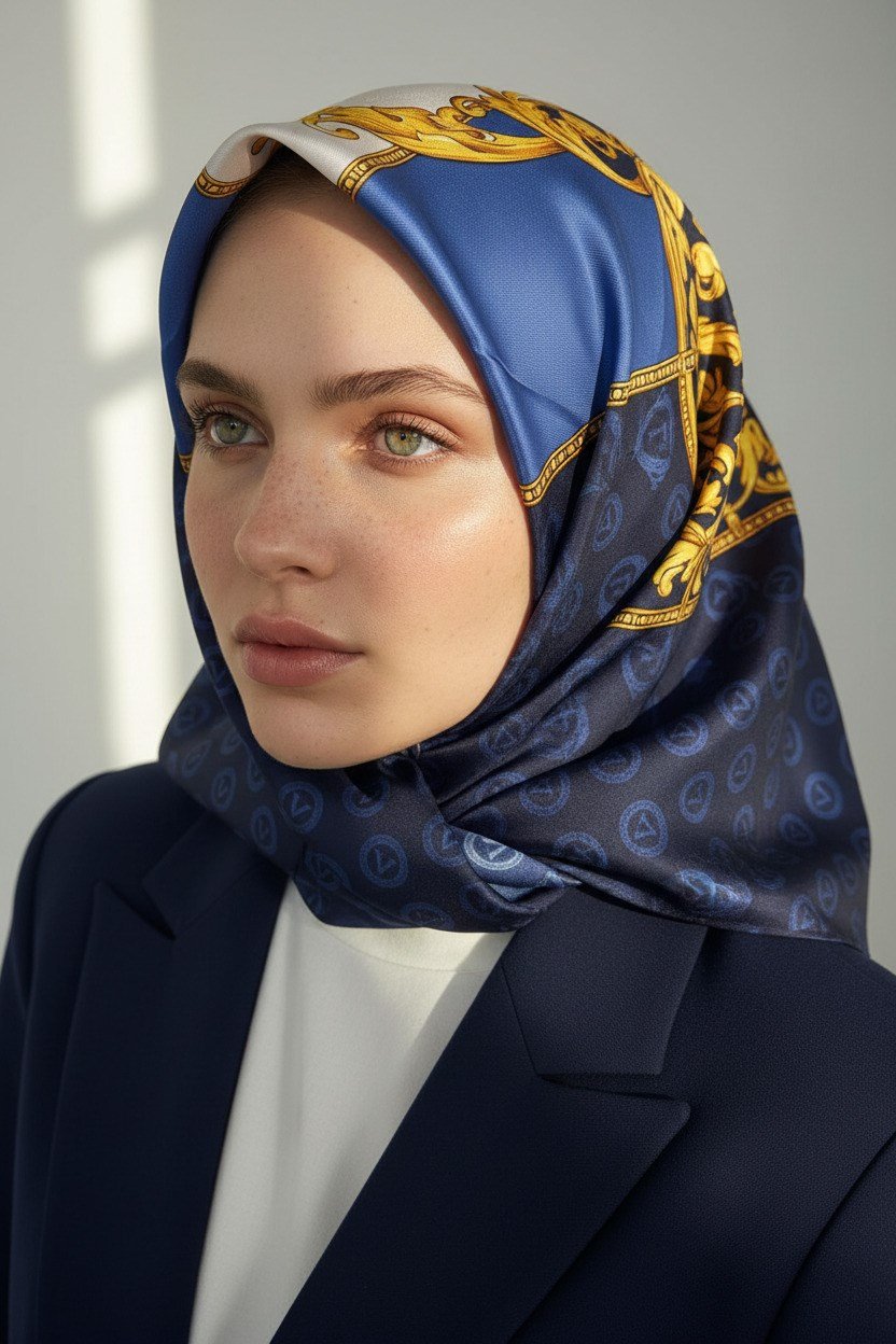 %100 Twill İpek Monogram Ve Barok Desenli Lacivert - İndigo  Renkli 90x90 Eşarp Dikim Şekli : El Dikişi