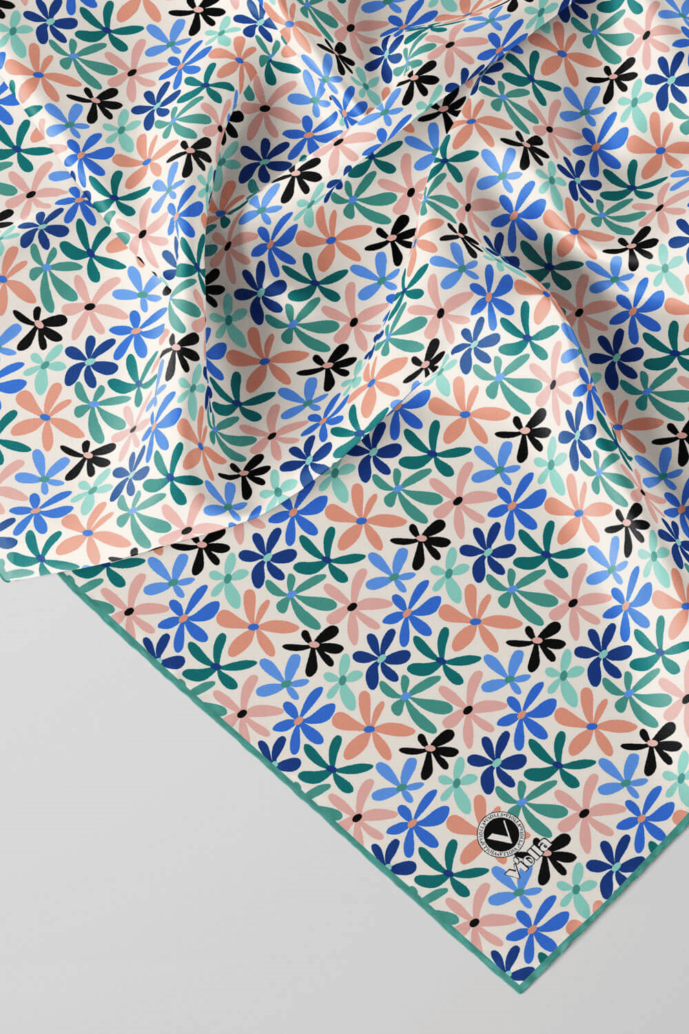 Twill Renkli Çiçek Desenli Buz Mavisi Renkli 90x90 Eşarp (İpek İçermez) Kenar Dikiş Şekli El Dikişli