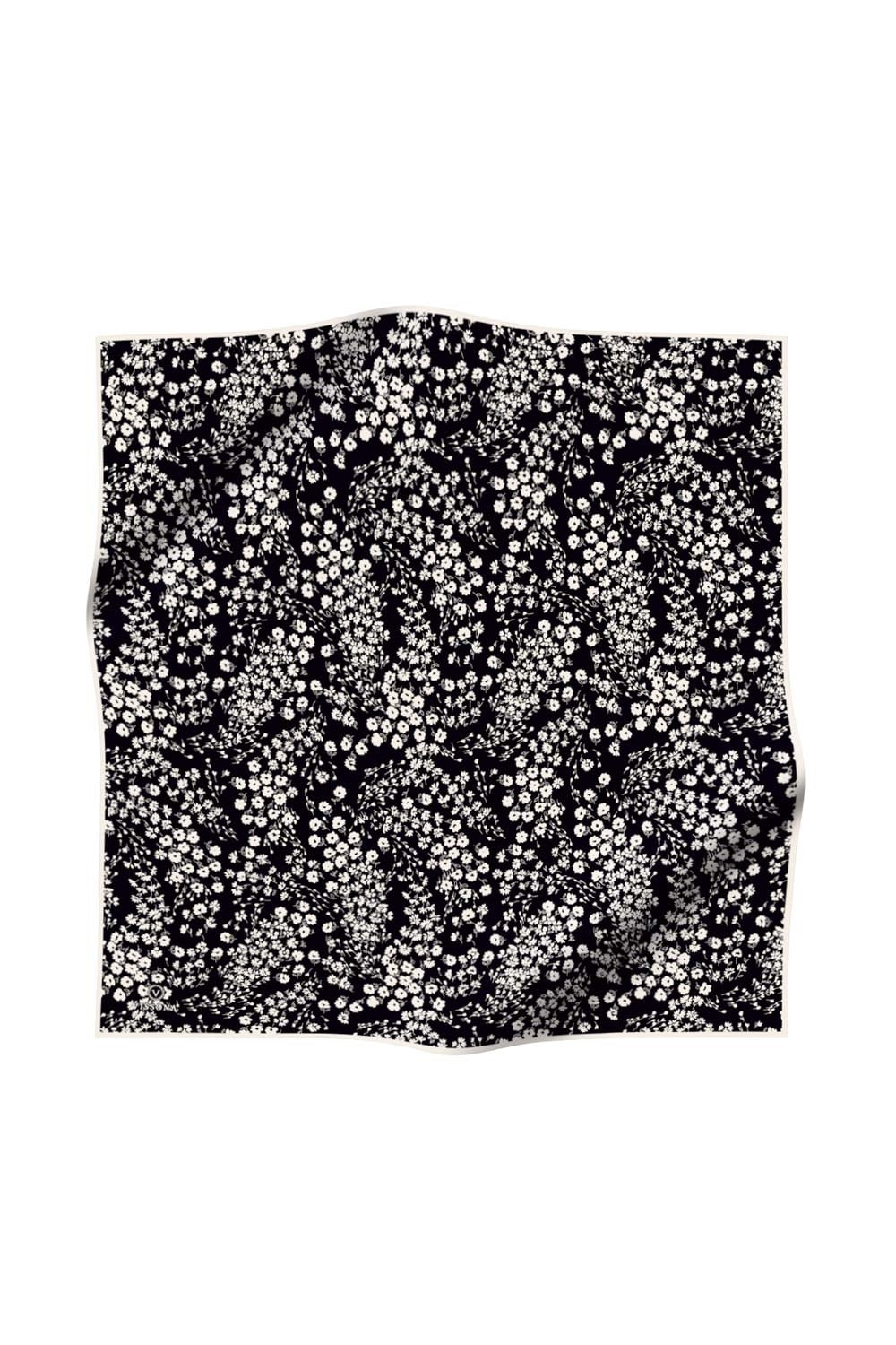 %100 Twill İpek Çıtır Çiçek Desenli Siyah - Krem Renkli 90x90 Eşarp Dikim Şekli : El Dikişi
