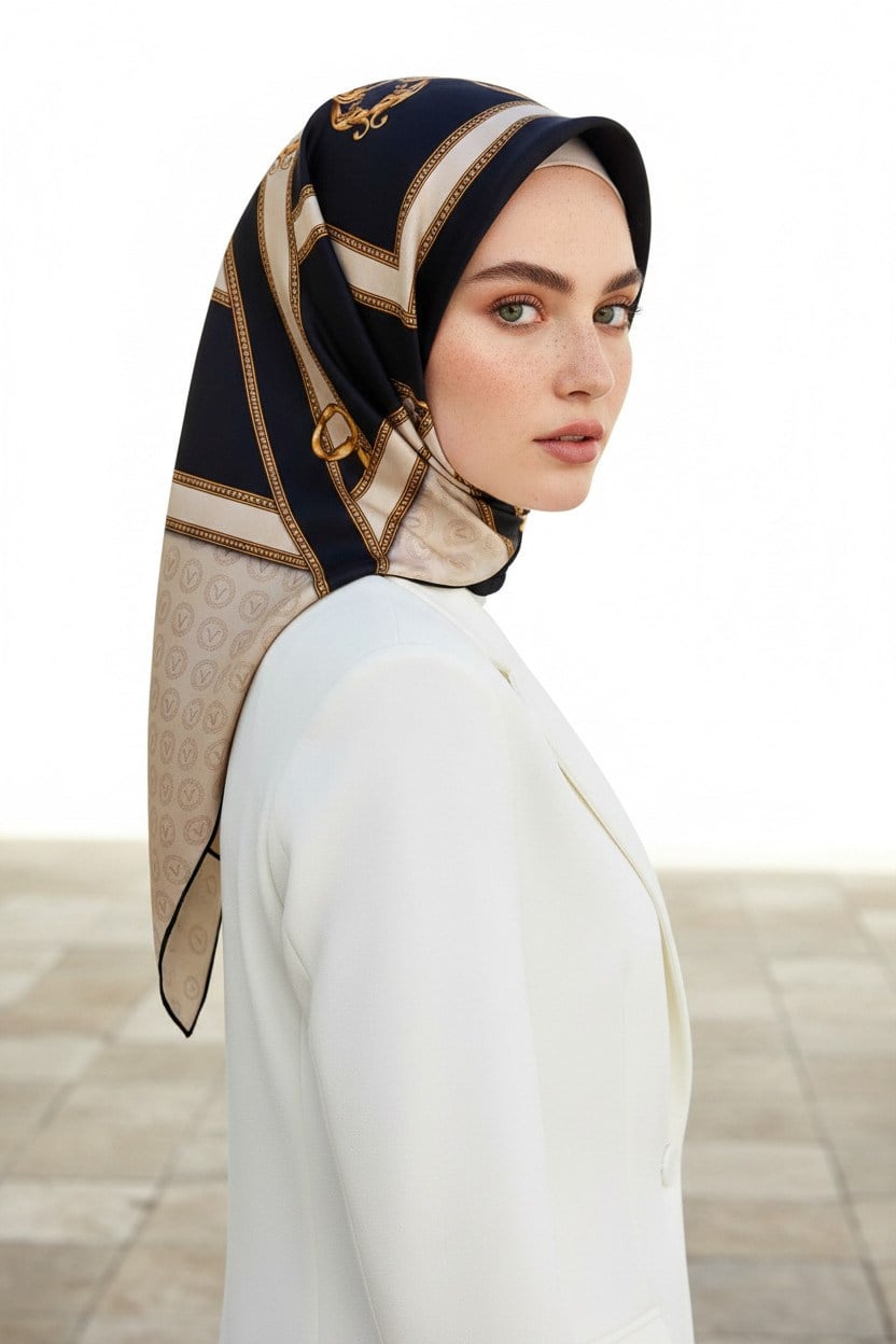%100 Twill İpek Monogram ve Barok Desenli Lacivert - Krem Renkli 90x90 Eşarp Dikim Şekli : El Dikişi