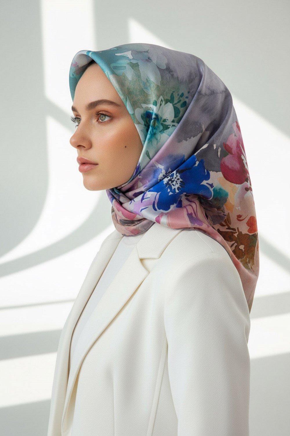 %100 Twill İpek Çiçek  Desenli Gri Renkli 90x90 Eşarp Dikim Şekli : El Dikişi