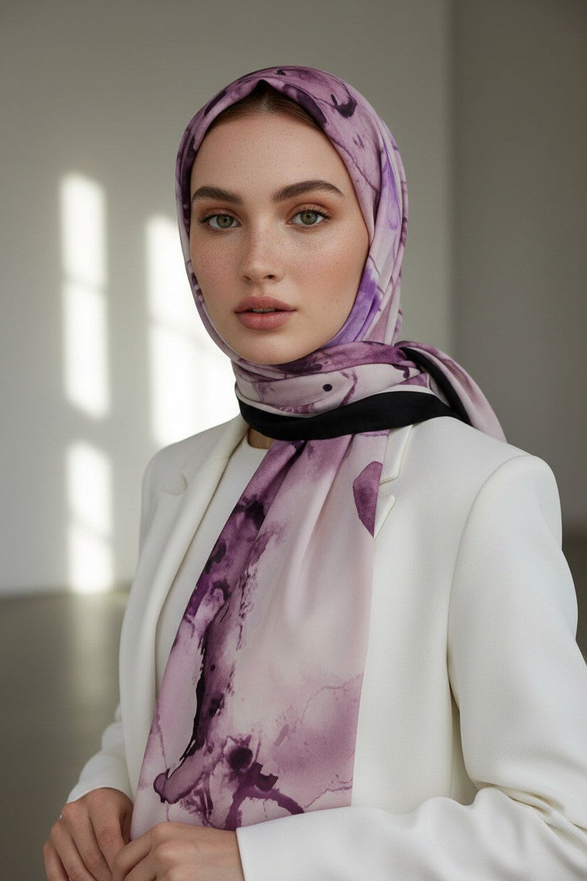 KREP SULU BOYA YAPRAK DESENLİ LİLA RENKLİ 75X195 KIRIŞMAZ ŞAL