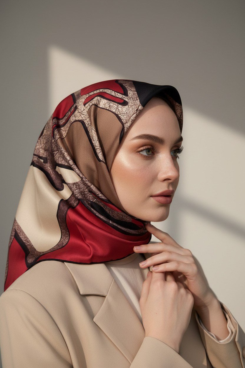 % 57 İPEK % 43 VİSKON Twill İpek Gold Efektli Geometrik Desenli Bordo - Siyah Renkli 90x90 Eşarp Dikim Şekli : El Dikişi