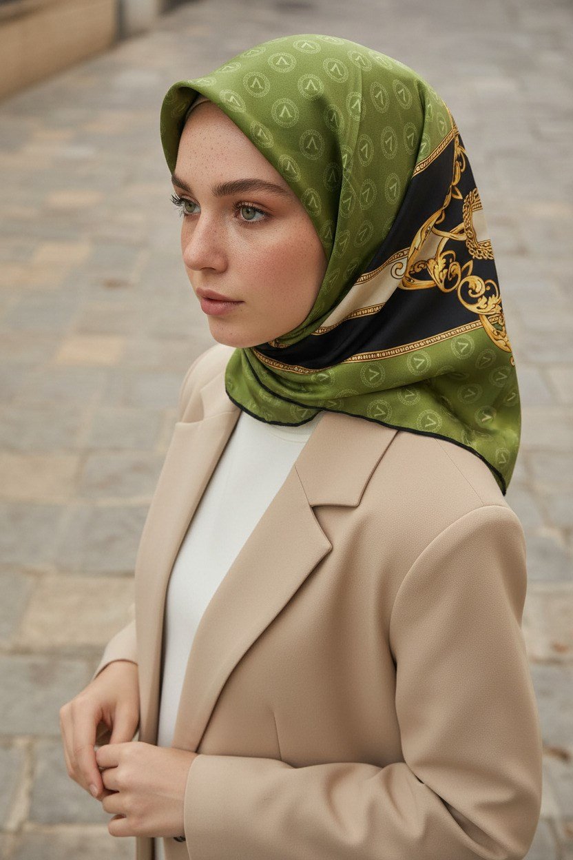 %100 Twill İpek Monogramlı Ve Barok Desenli Haki - Siyah Renkli 90x90 Eşarp Dikim Şekli : El Dikişi