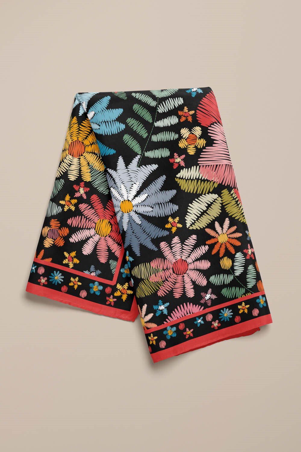%100 İpek Nakış Çiçek Desenli Kadın Bandana