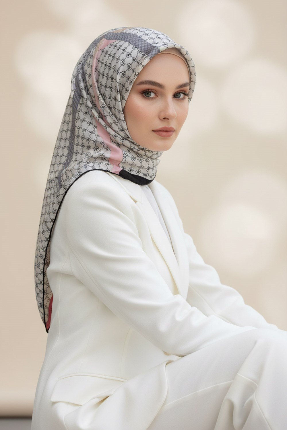 %100 Twill İpek Monogram Ve Şerit Desenli Pembe - Gri Renkli 90x90 Eşarp Dikim Şekli : El Dikişi