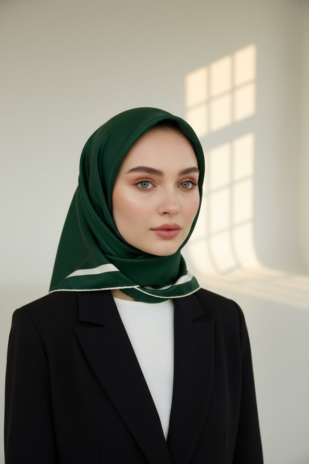 100% Twill İpek Düz Renk Bordür Zümrüt Yeşili - Krem Renkli Daha Tok Exclusive Serisi 90x90 Dikim Şekli : El Dikişi Eşarp
