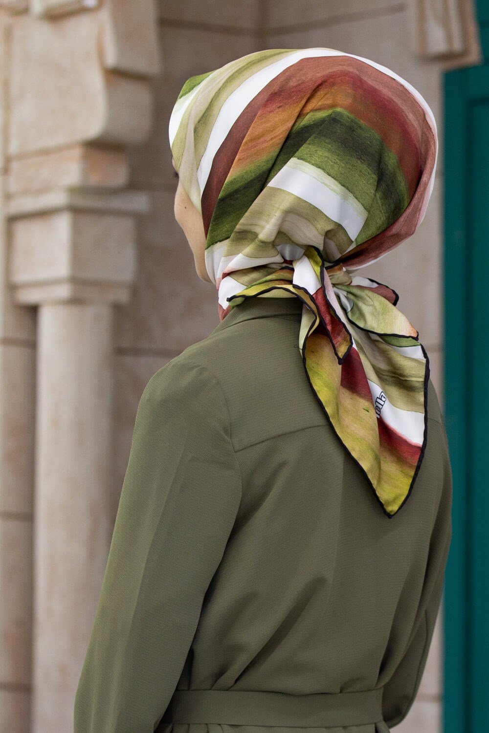 Twill Suluboya Çizgi Desenli Haki - Kiremit Renkli 90x90 Eşarp (İpek İçermez) Kenar Dikiş Şekli El Dikişli