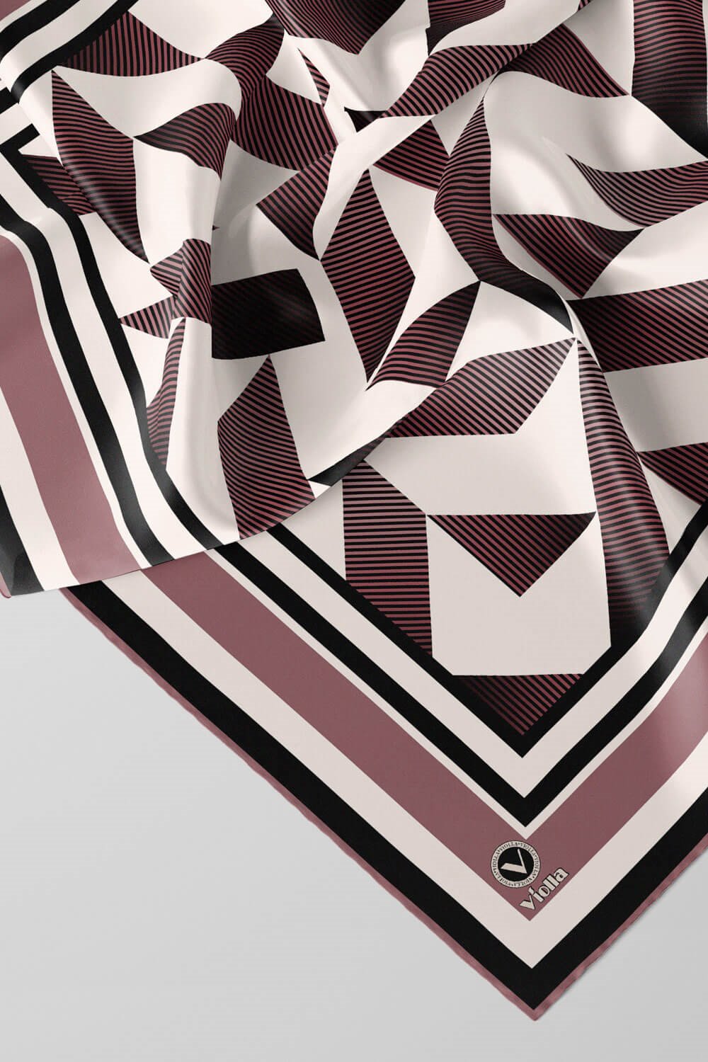 Twill Geometrik Desenli Pudra Renkli 90x90 Eşarp (İpek İçermez) Kenar Dikiş Şekli El Dikişli