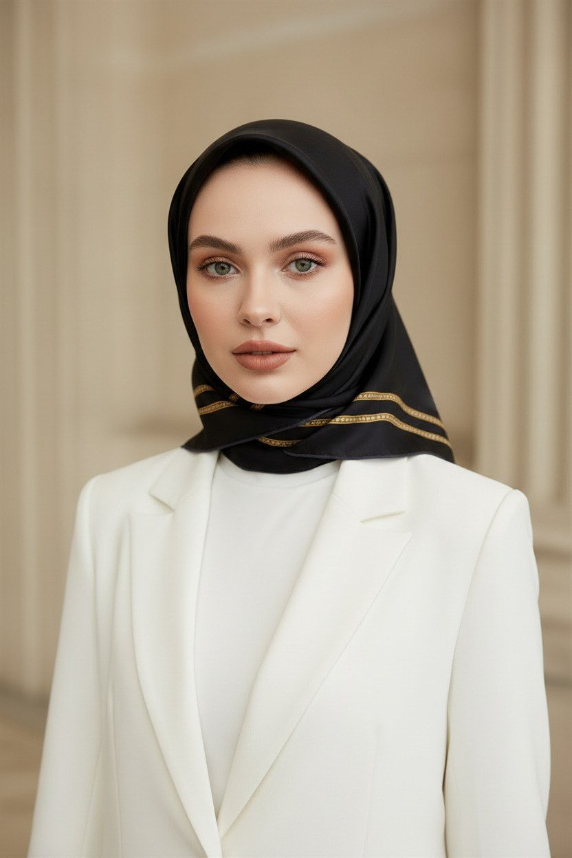 % 57 İPEK % 43 VİSKON Twill İpek Dokulu Şerit Desenli Siyah - Gold Renkli 90x90 Eşarp Dikim Şekli : El Dikişi