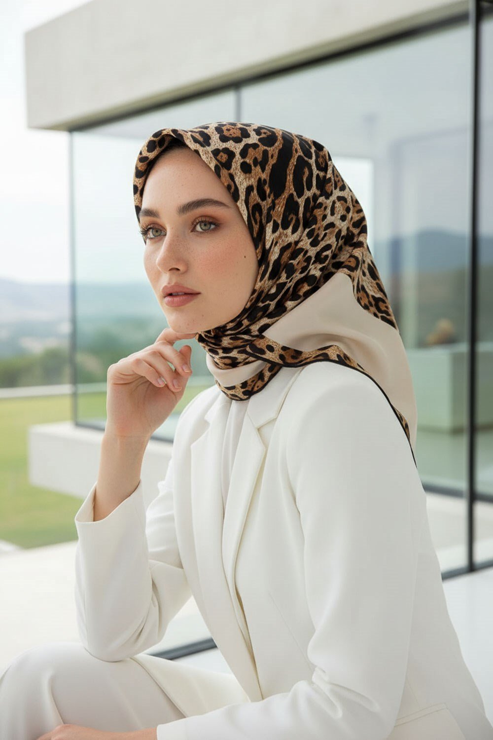 %100 Twill İpek Leopar Desenli Krem Renkli 90x90 Eşarp Dikim Şekli : El Dikişi
