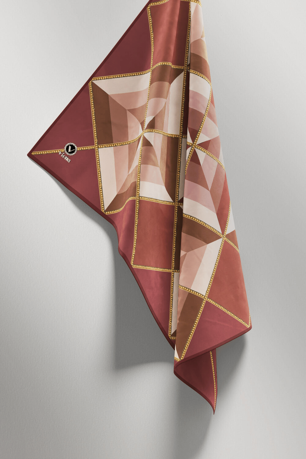 Twill Geometrik Desenli Gül Kurusu Renkli 90x90 Eşarp (İpek İçermez) Kenar Dikiş Şekli El Dikişli