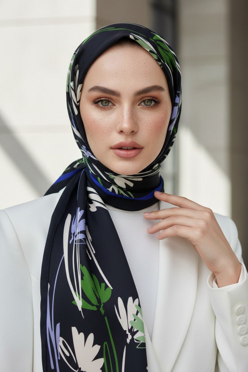 KREP ÇİÇEK DESENLİ SAKS RENKLİ 75X195 KIRIŞMAZ ŞAL