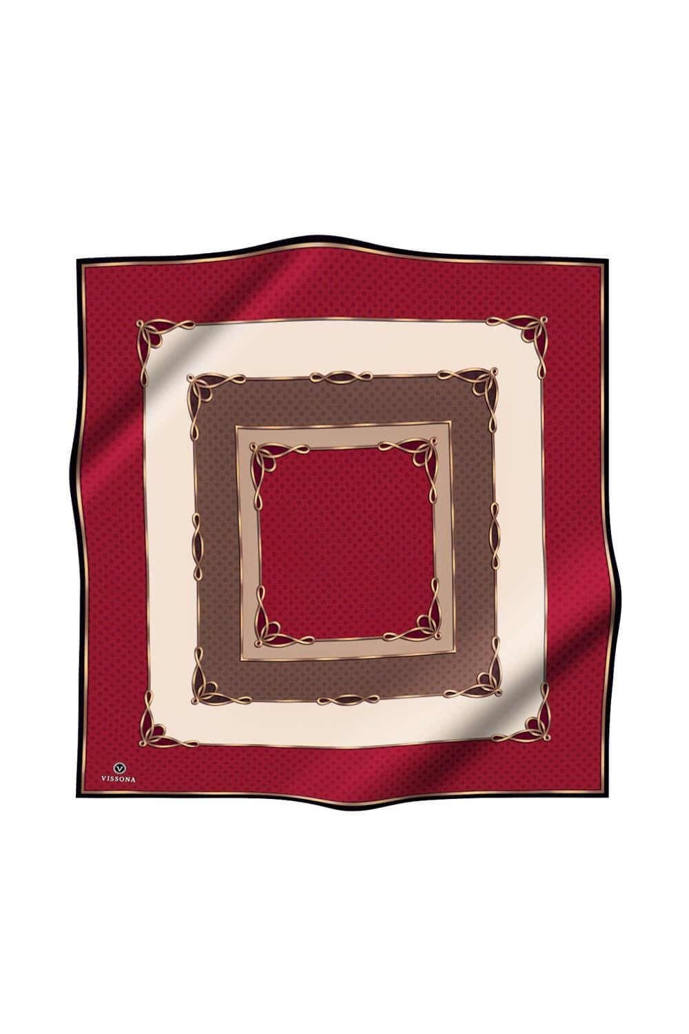 %100 Twill İpek Puantiyeli ve Geometrik Desenli Bordo - Vizon Renkli 90x90 Eşarp Dikim Şekli : El Dikişi