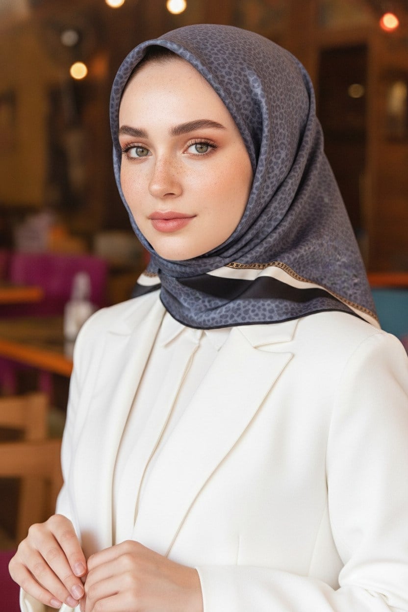 % 57 İPEK % 43 VİSKON Twill İpek Leopar Desenli Gri Renkli 90x90 Eşarp Dikim Şekli : El Dikişi