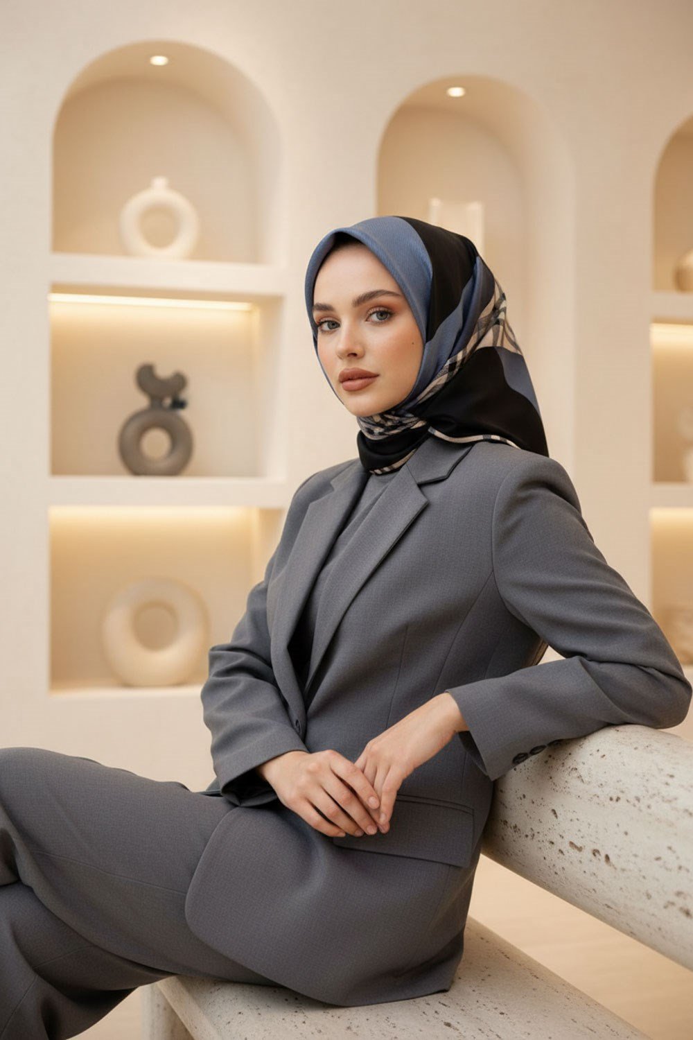 %100 Twill İpek Eşarp 90x90 İndigo Siyah Ekose Desenli El Dikişli Kadın Eşarp
