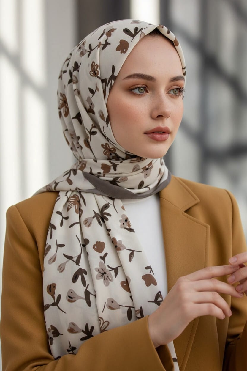 KREP ÇİÇEK DESENLİ TAŞ RENKLİ 75X195 KIRIŞMAZ ŞAL