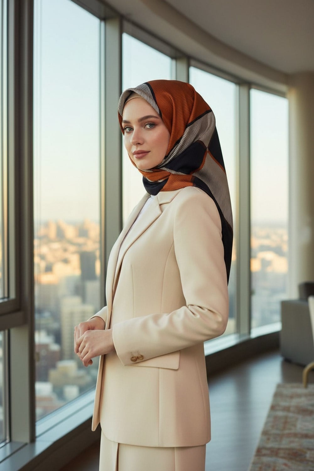 %100 Twill İpek Geometrik Desenli Taba Renkli 90x90 Eşarp Dikim Şekli : El Dikişi