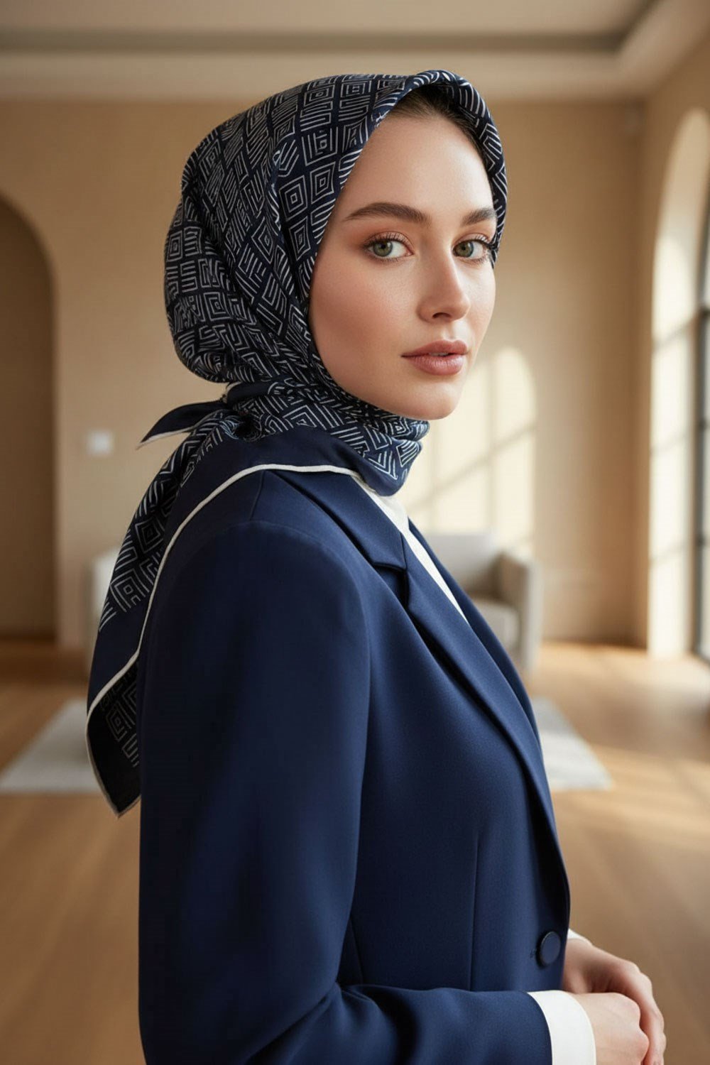 100% Twill İpek Etnik Motif Desenli Lacivert - Krem Renkli 90x90 Dikim Şekli : El Dikişi Eşarp