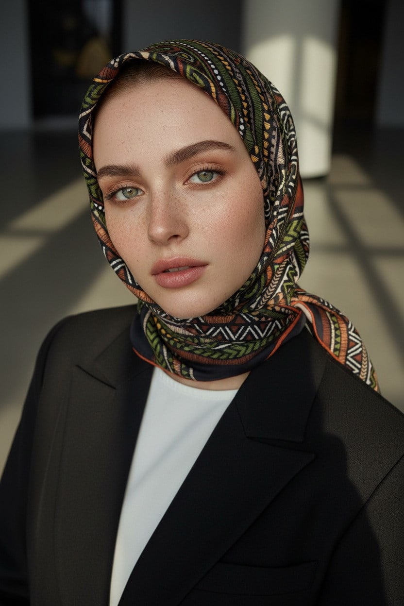 % 57 İPEK % 43 VİSKON Twill İpek Etnik Desenli Taba - Haki Renkli 90x90 Eşarp Dikim Şekli : El Dikişi