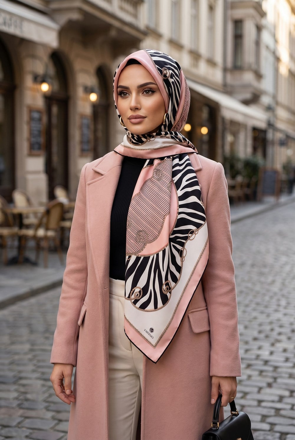 %100 Twill İpek Zincirli Ve Zebra Desenli Pudra - Krem Renkli 90x90 Eşarp Dikim Şekli : El Dikişi