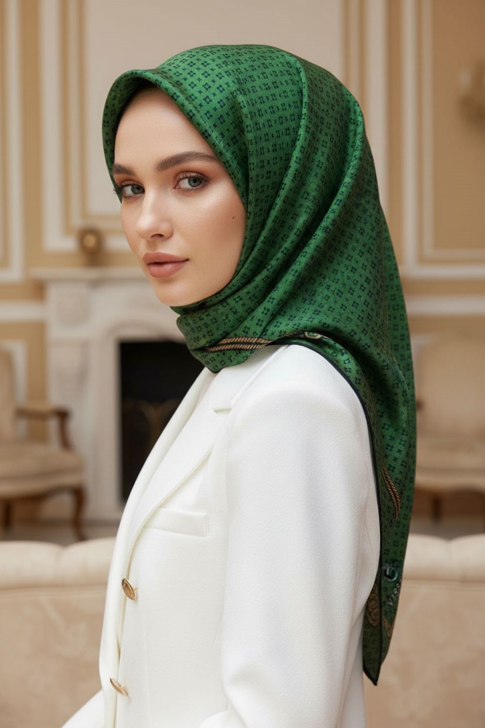 %57 İPEK %43 VİSKON Twill İpek Zincir Desenli Zümrüt Yeşili - Siyah Renkli 90x90 Eşarp Dikim Şekli : El Dikişi