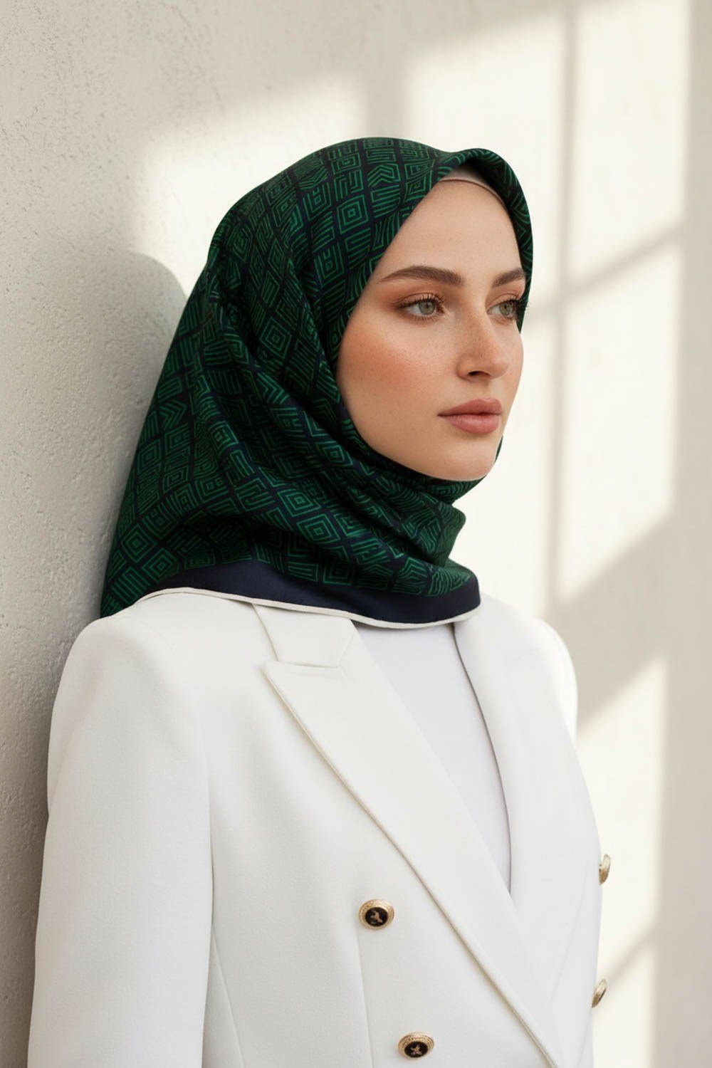 100% Twill İpek Etnik Motif Desenli Zümrüt Yeşili - Lacivert Renkli 90x90 Dikim Şekli : El Dikişi Eşarp