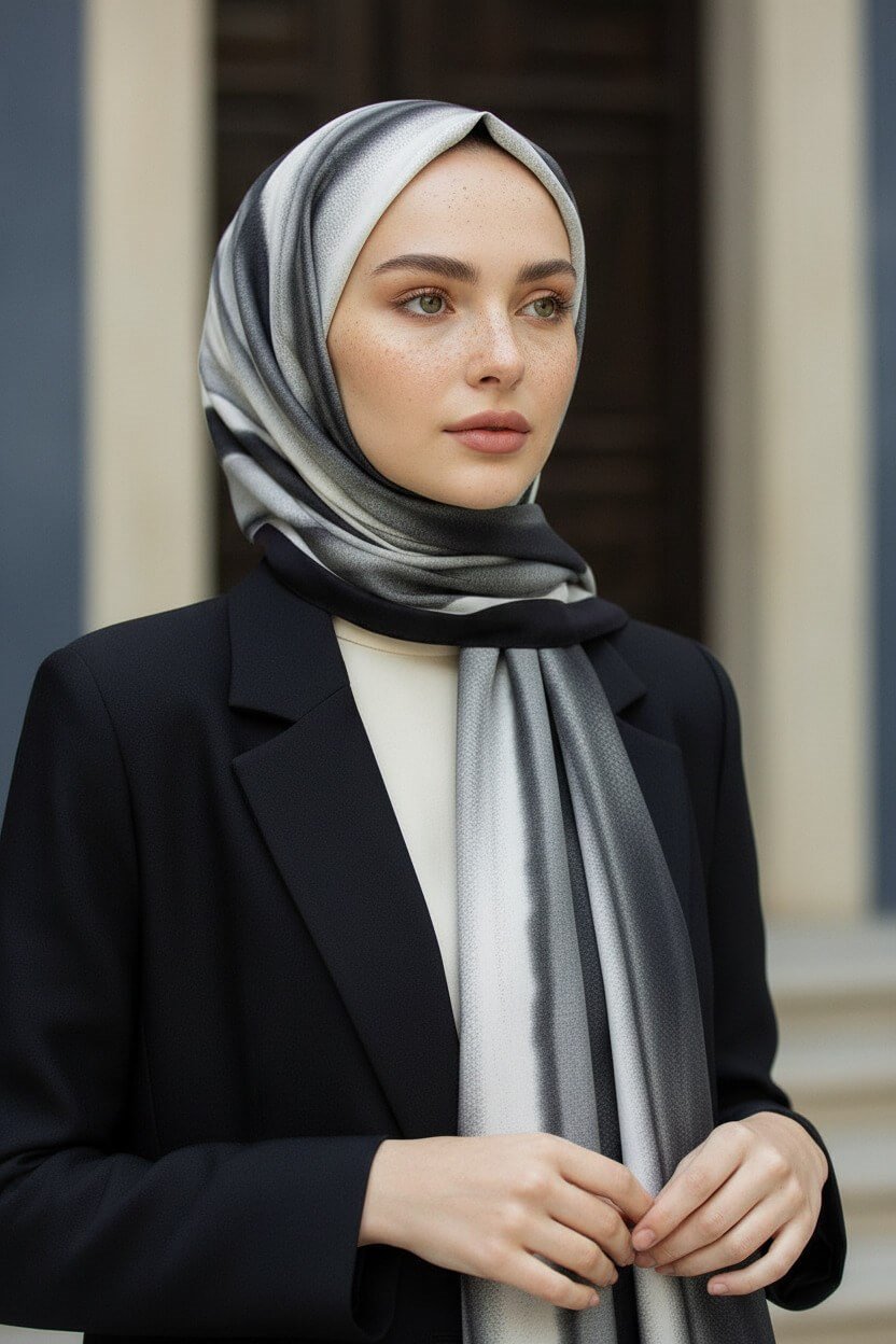 KREP SULU BOYA ÇİZGİLİ DESENLİ SİYAH RENKLİ 75X195 KIRIŞMAZ ŞAL