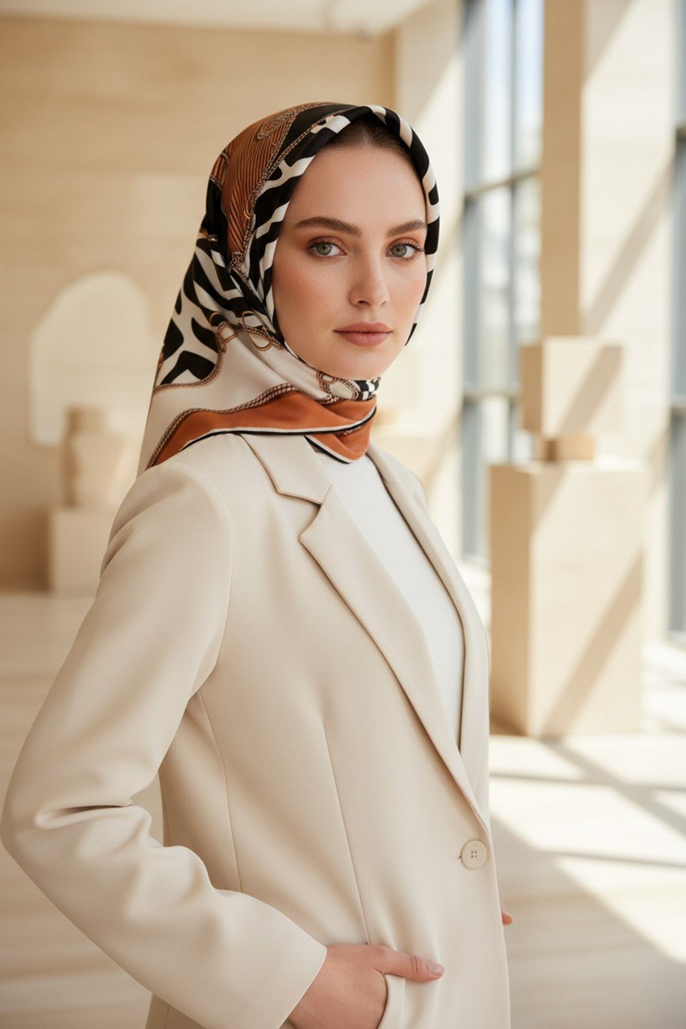 %100 Twill İpek Zincirli Ve Zebra Desenli Bakır - Siyah Renkli 90x90 Eşarp Dikim Şekli : El Dikişi