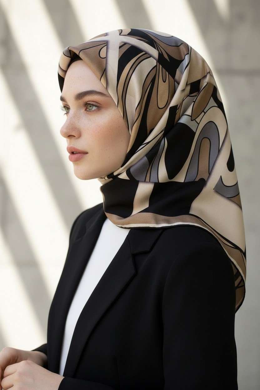 % 57 İPEK % 43 VİSKON Twill İpek Geometrik Desenli Bej - Gri Renkli 90x90 Dikim Şekli : El Dikişi Eşarp